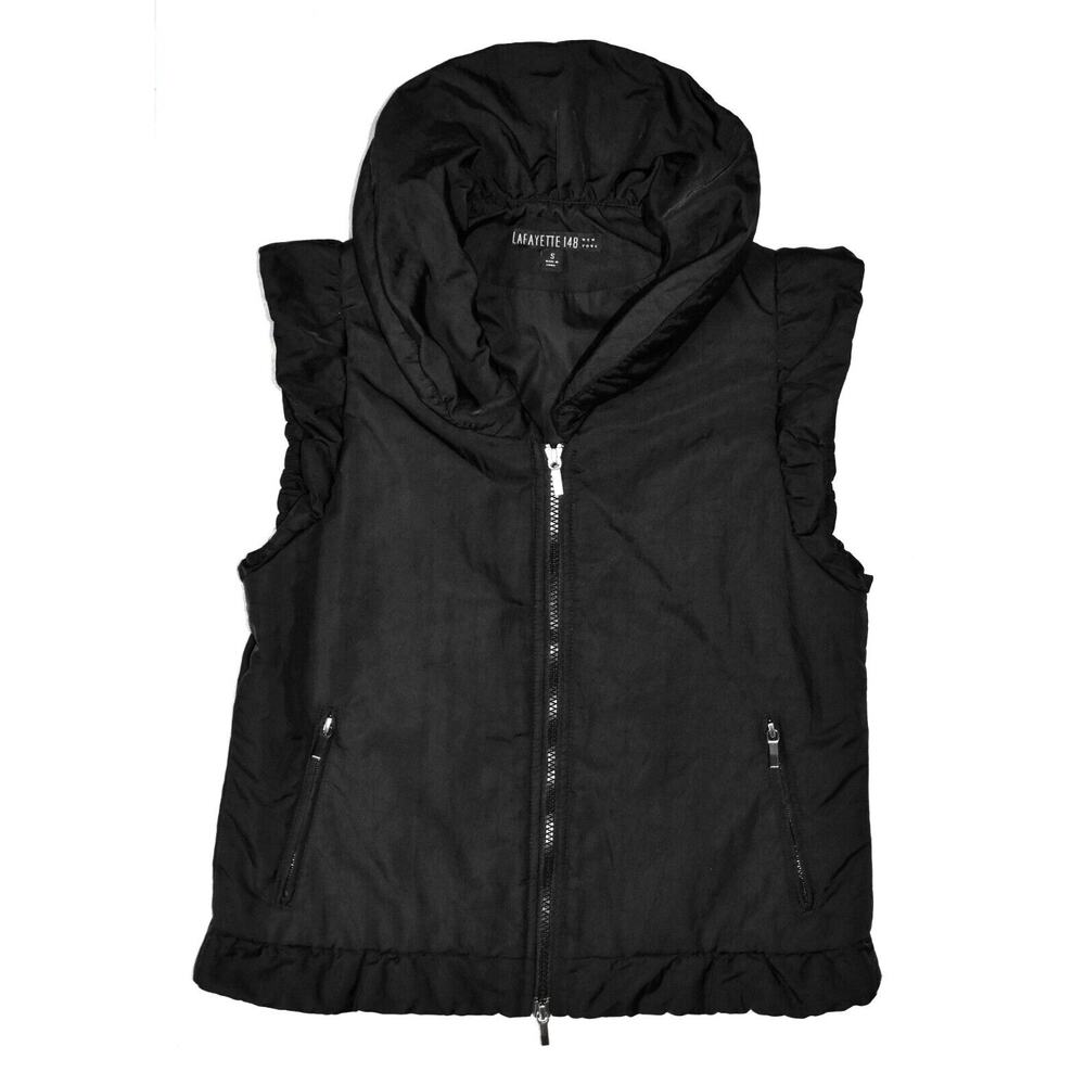 B0 LAFAYETTE 148 Black Ruffled Collar & Sleeve Sturdy Zippers Puff Vest Size S